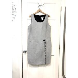 Plaza South Houndstooth Sheath Dress Sz 14 Faux Wrap Fringe Trim Sleeveless Mod